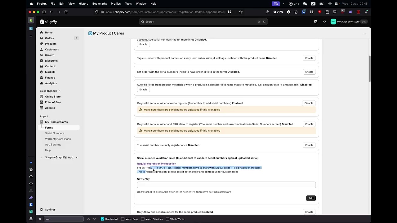 Serial number validation settings